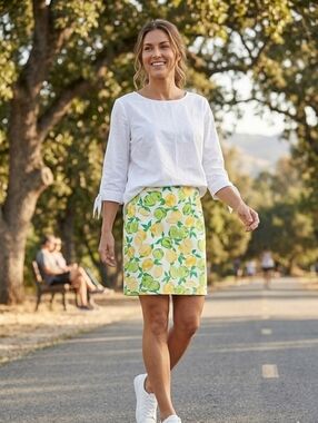 Talbots Lemon Print Cotton A-Line Skirt - Yellow & Green Talbots White Top Sz 14